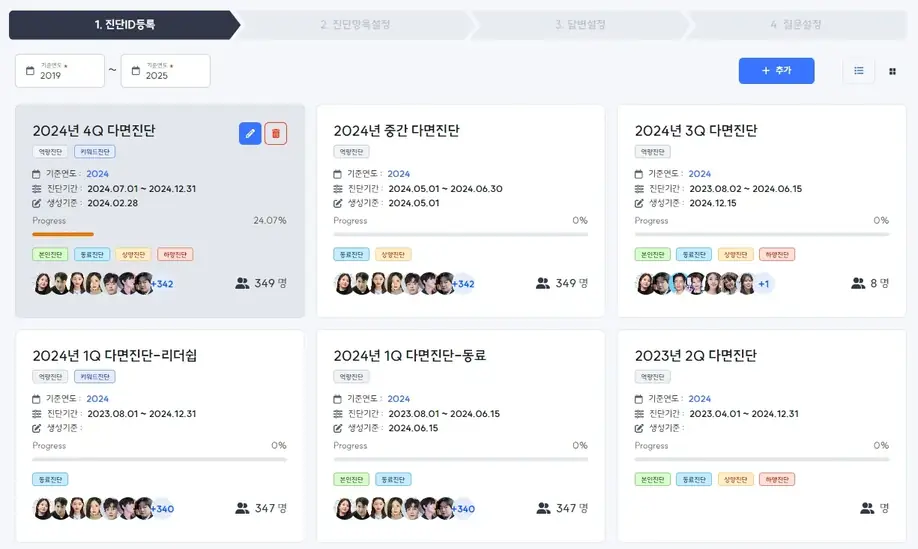 진단 설정 마법사 실제 화면 — 4단계 스텝과 진단 카드 목록