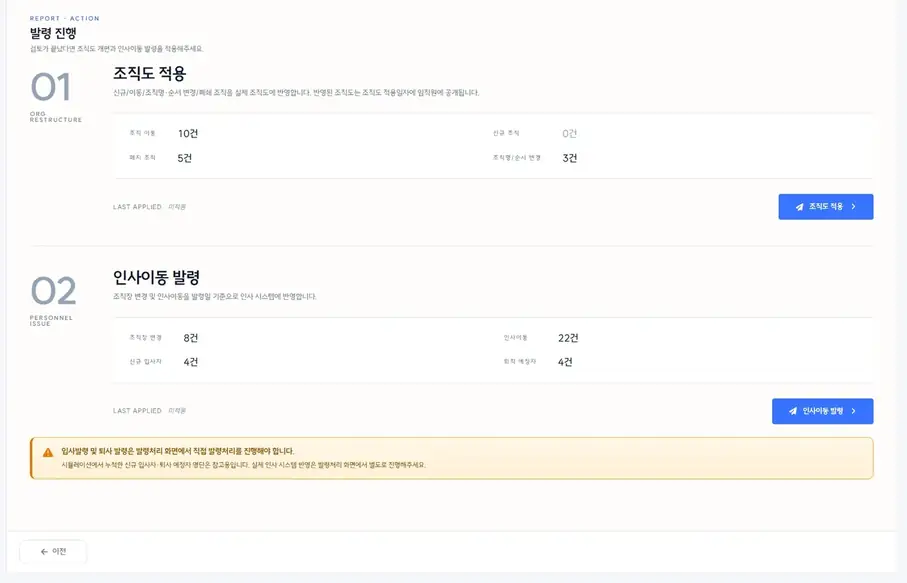 발령 진행 실제 화면